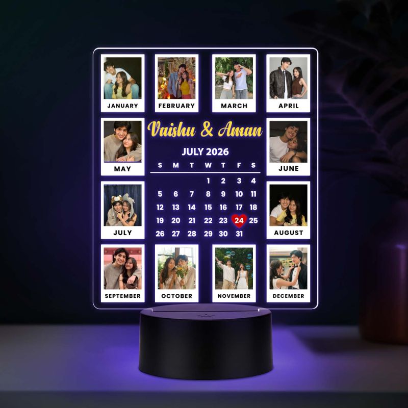 Calendar Couple Photo UV Print Lamp with Multicolored Light Unique Anniversary, Birthday, or Wedding Gift for Couples, Wife, Husband
